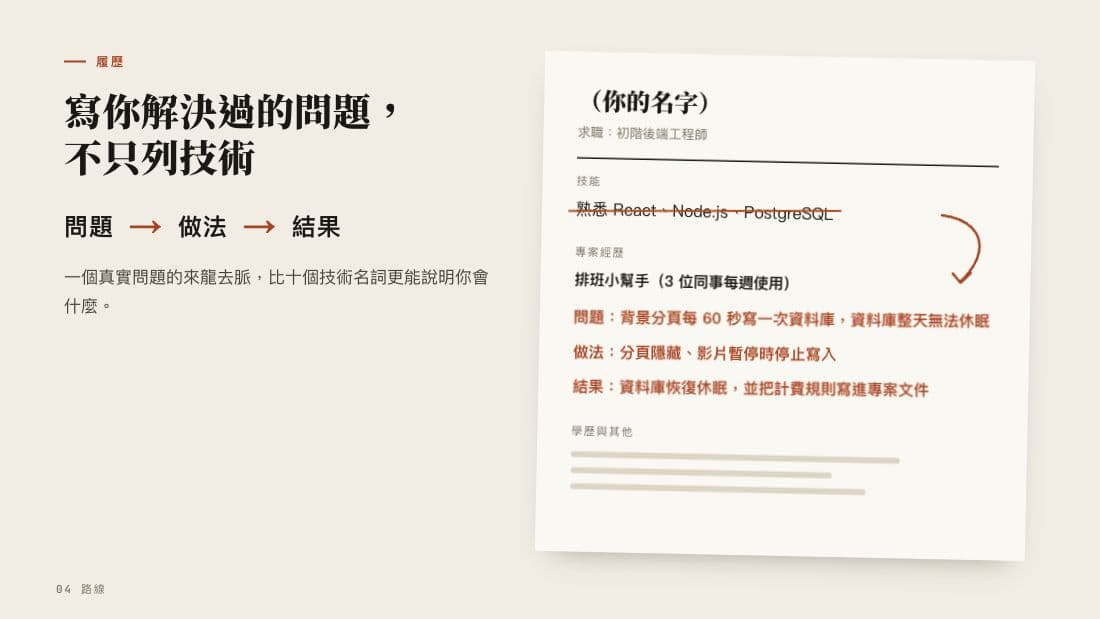 真實簡報：把技術清單改成問題、做法、結果的履歷示例