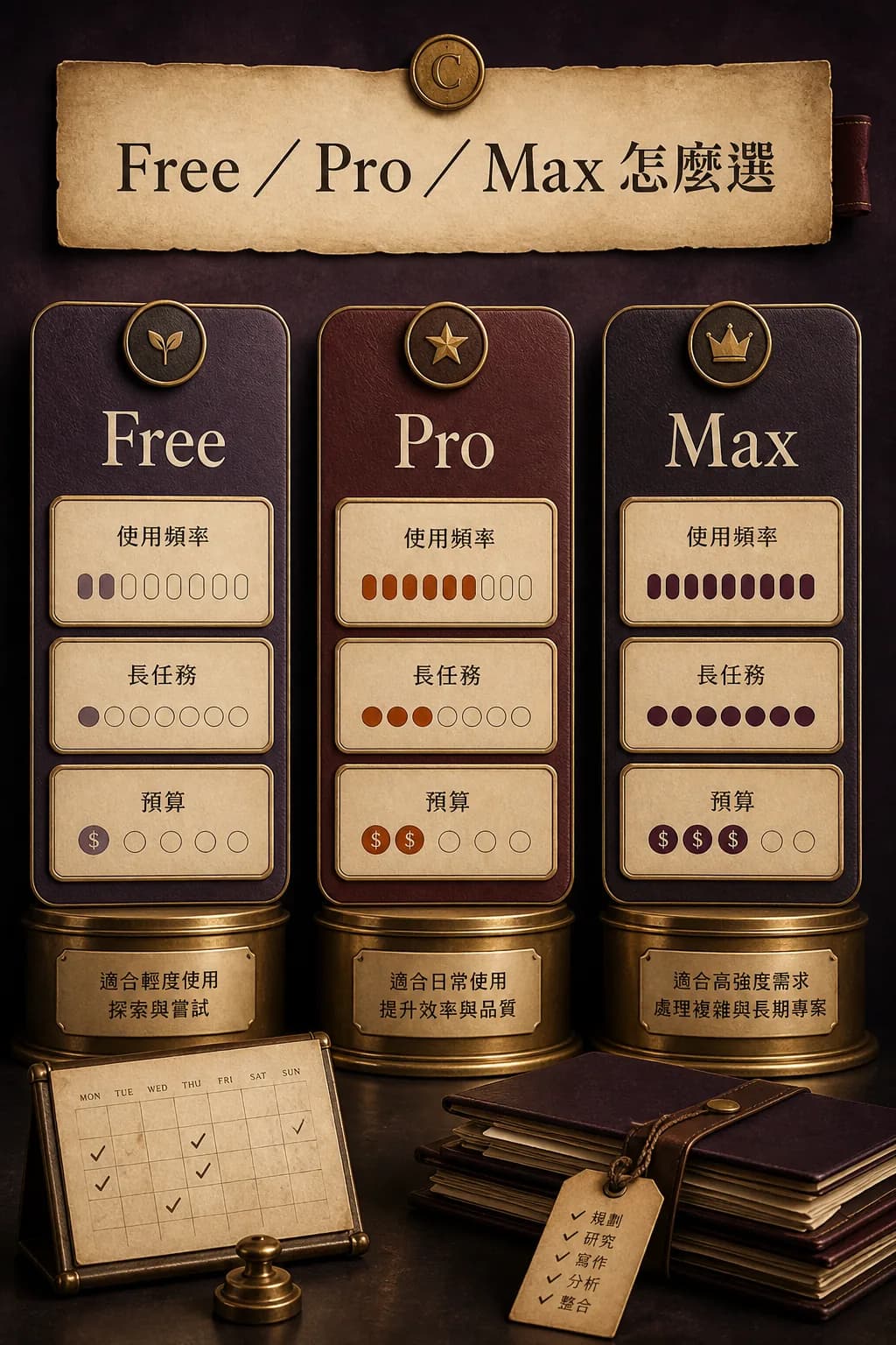 Claude Free Pro Max 方案選擇比較圖