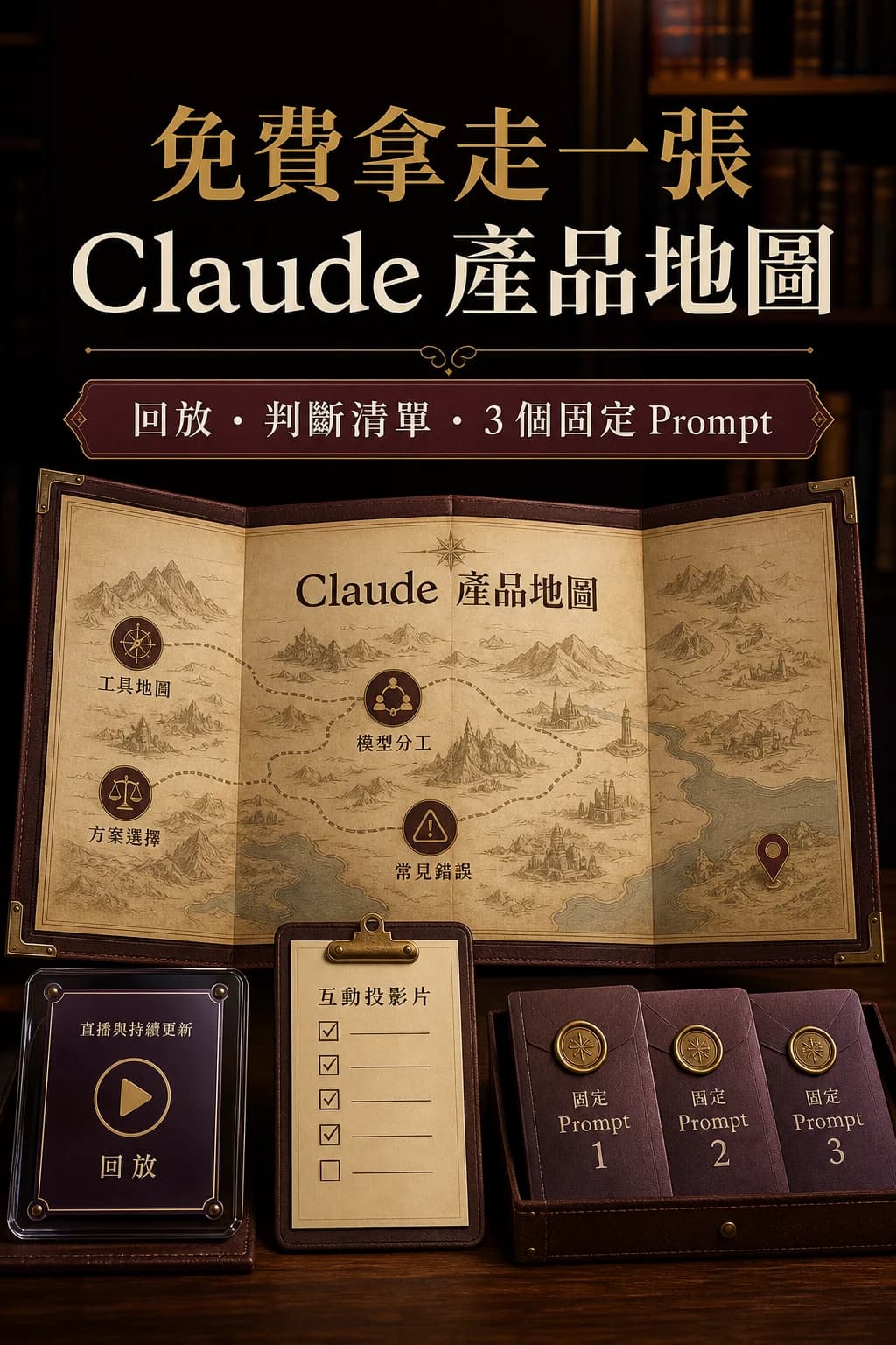 免費取得 Claude 產品地圖、回放、清單與三個固定 Prompt 的方案圖