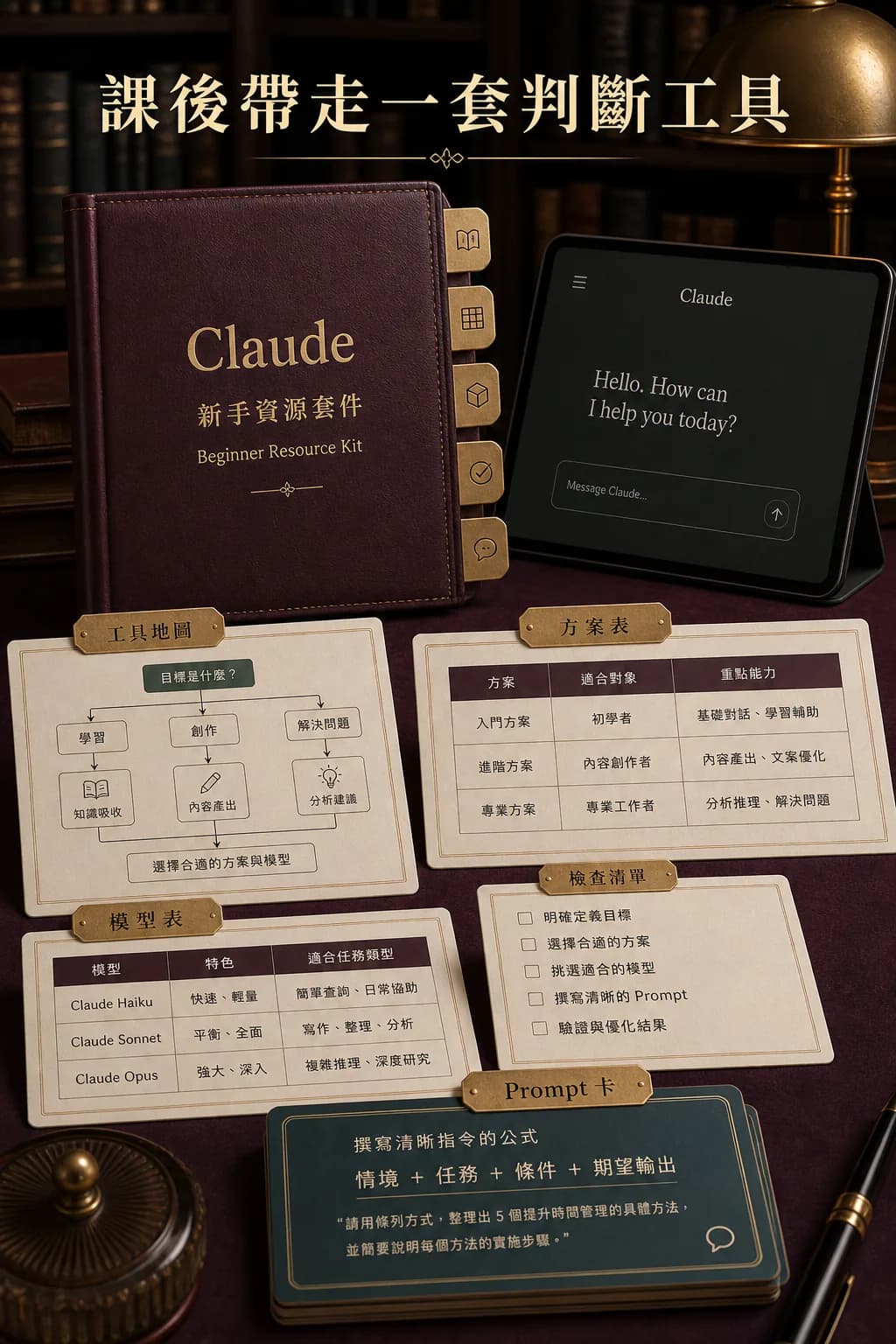 Claude 新手課程課後工具地圖方案表模型表 Prompt 卡資源包
