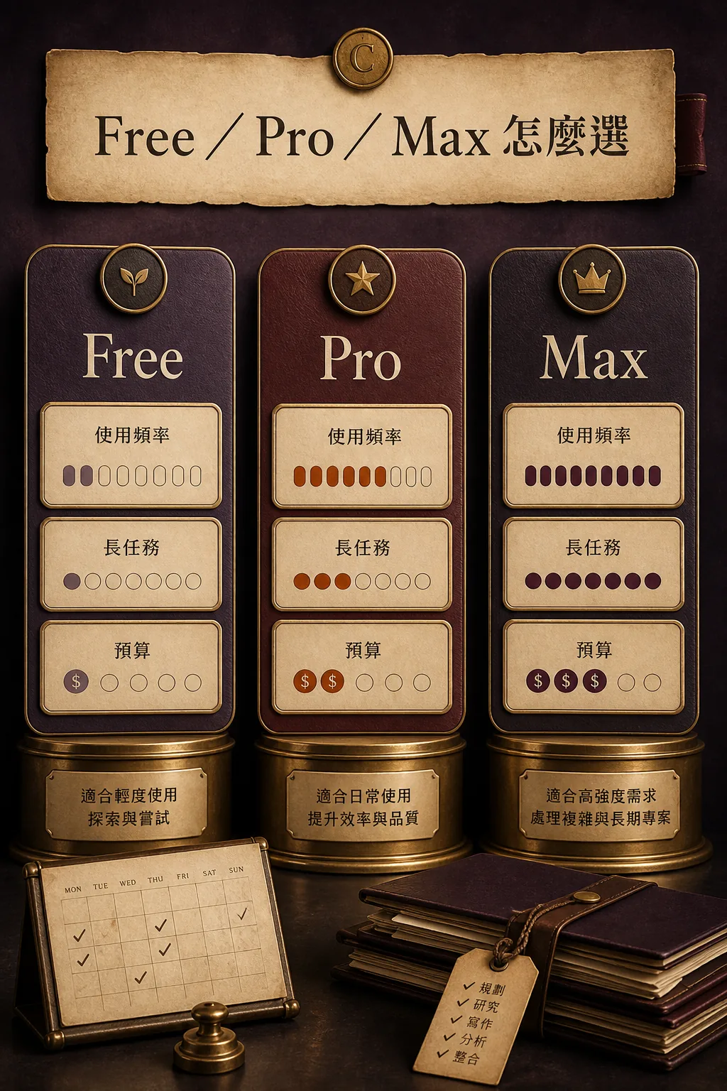 Claude Free Pro Max 方案選擇比較圖