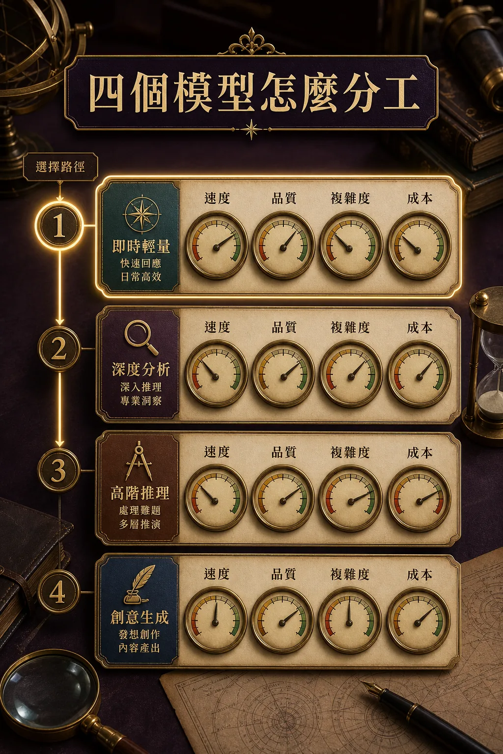 Claude 四個模型速度品質複雜度成本分工圖