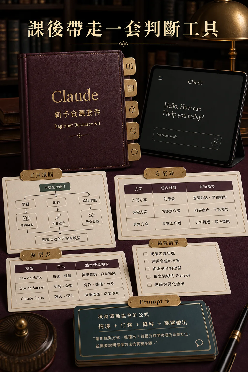 Claude 新手課程課後工具地圖方案表模型表 Prompt 卡資源包