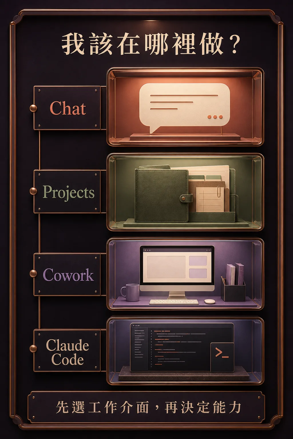 Chat、Projects、Cowork 與 Claude Code 的工作介面選擇圖
