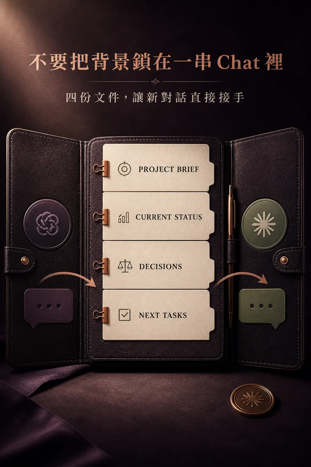 用四份專案文件讓新 Claude 對話直接接手的流程圖