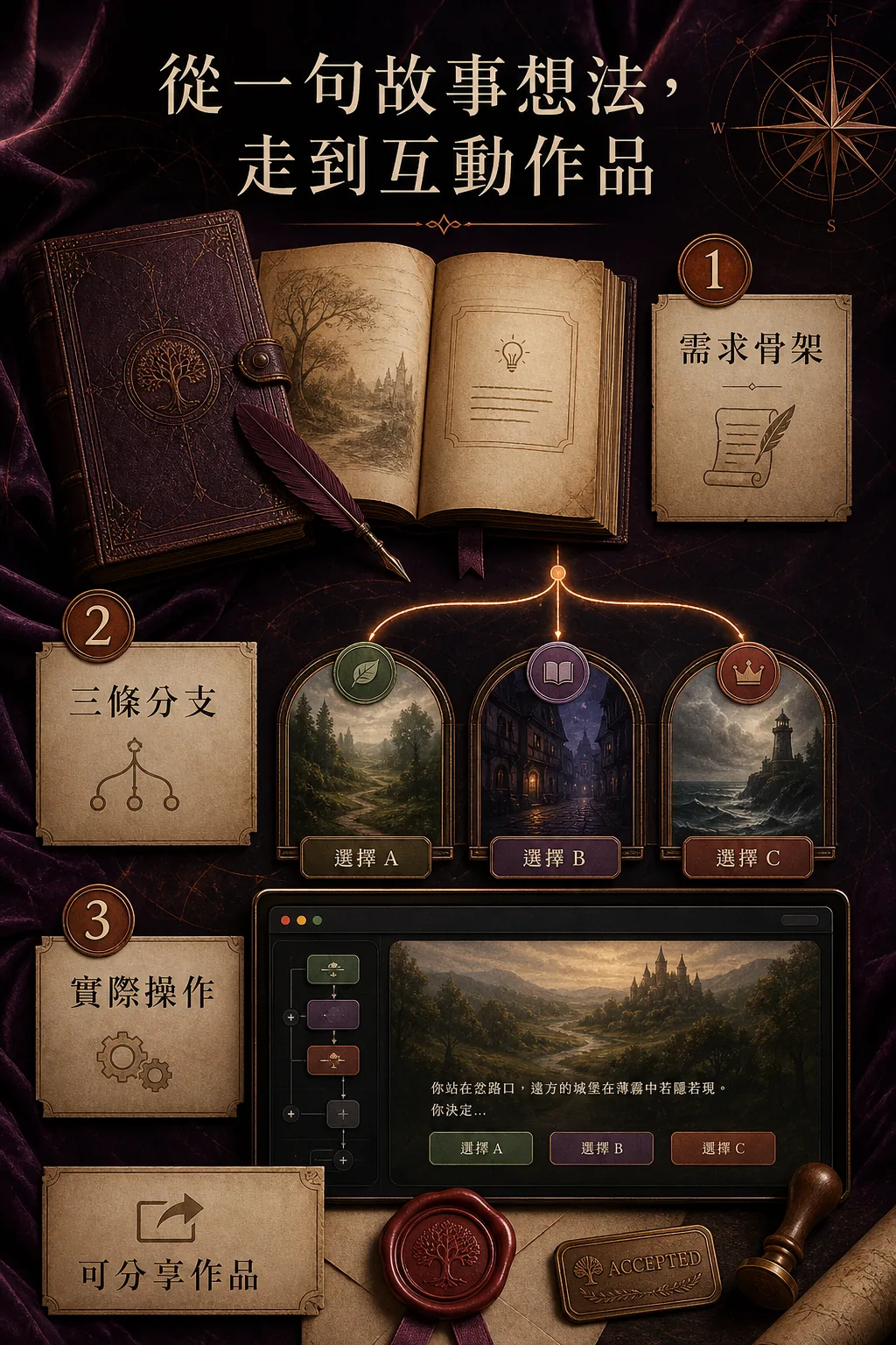 從安全練習包到互動故事作品的五步製作流程圖