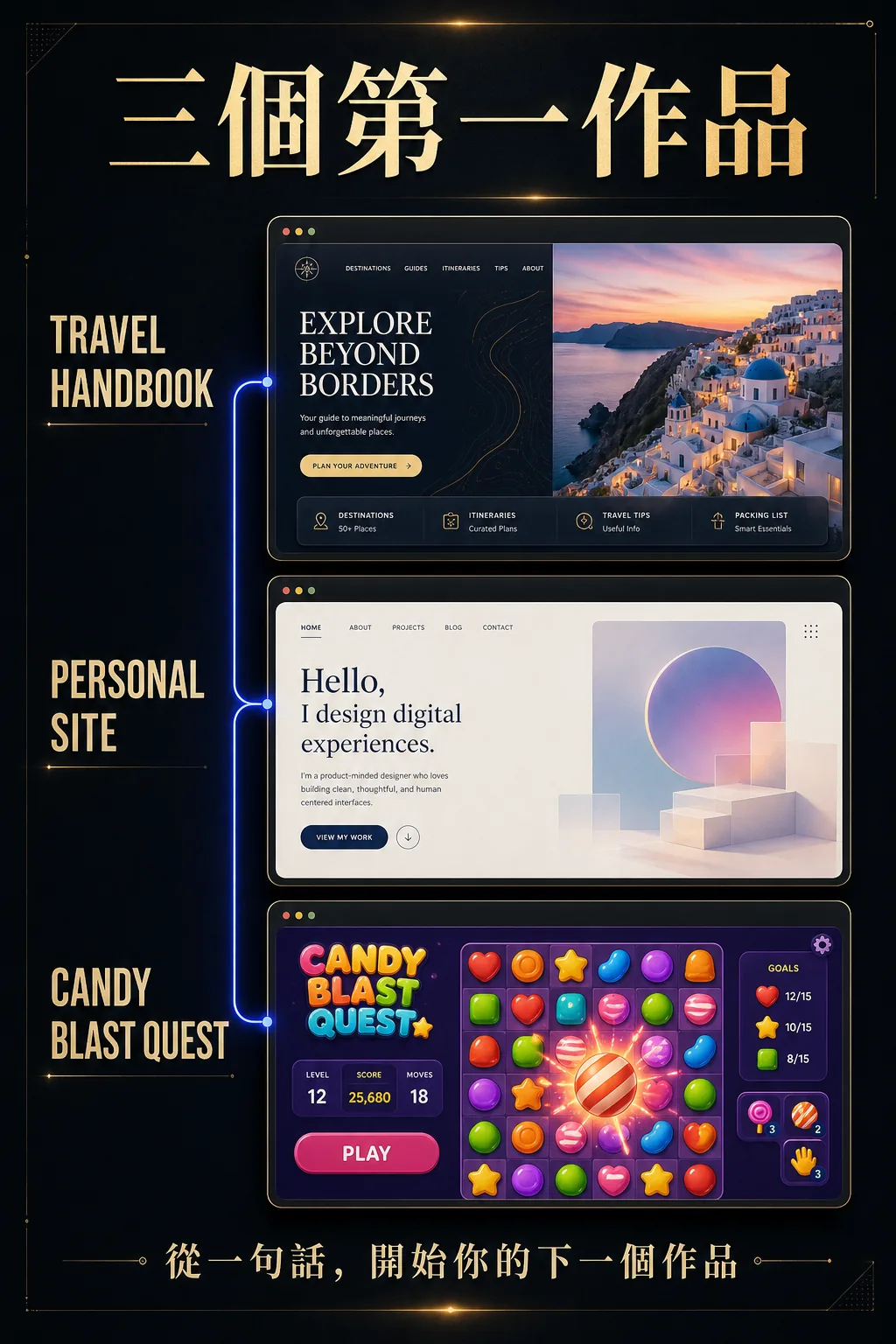 Google AI Studio 免費課程三個完成作品：旅遊手冊、個人網站與 Candy Blast Quest