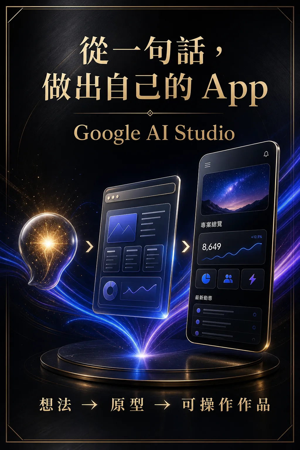 Google AI Studio 從一句話、原型到可操作 App 的高級黑金直向主視覺