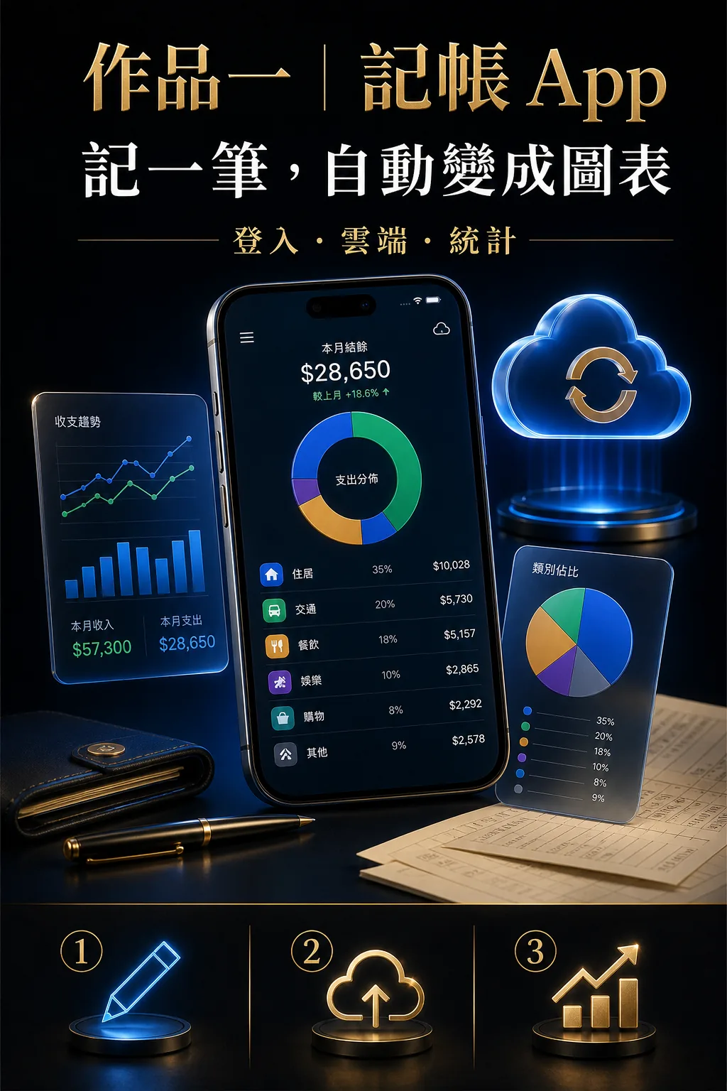 Google AI Studio 記帳 App 高級產品展示圖，包含登入、雲端與統計圖表