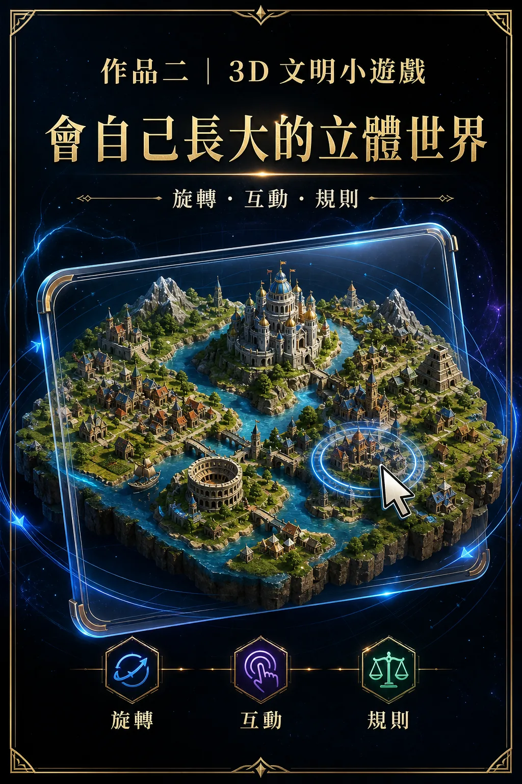 Google AI Studio 3D 文明小遊戲高級產品展示圖，展示旋轉、互動與規則