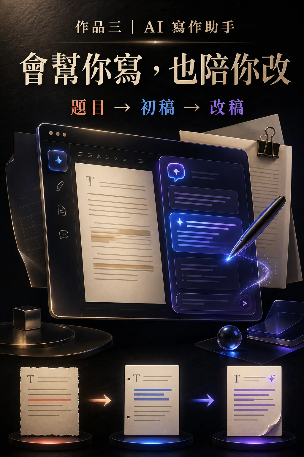 Google AI Studio AI 寫作助手高級產品展示圖，展示題目、初稿與改稿流程