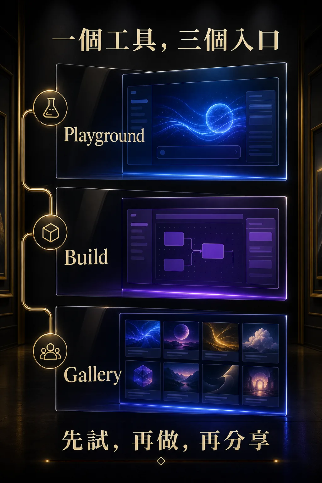 Google AI Studio Playground、Build、Gallery 三個入口的高級直向圖解
