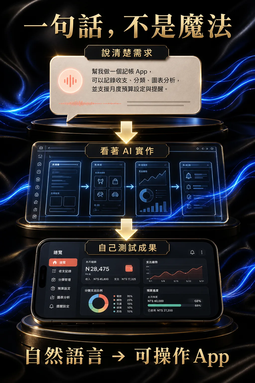 Google AI Studio 從自然語言需求到可操作記帳 App 的高級流程圖